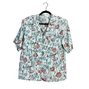 Vintage Loubella Map Print Top Blouse Size 14 Button Up‎ Collared Boxy Relaxed